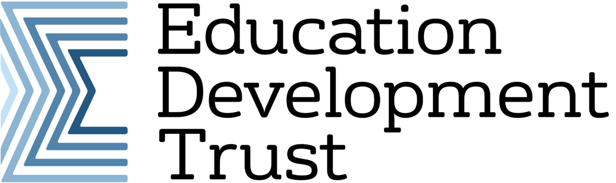 Education Development Trust logo showing, on the left-hand side, a blue “E” made of different layers in different grades of blue and, on the right-hand side, the black writing “Education Development Trust”.